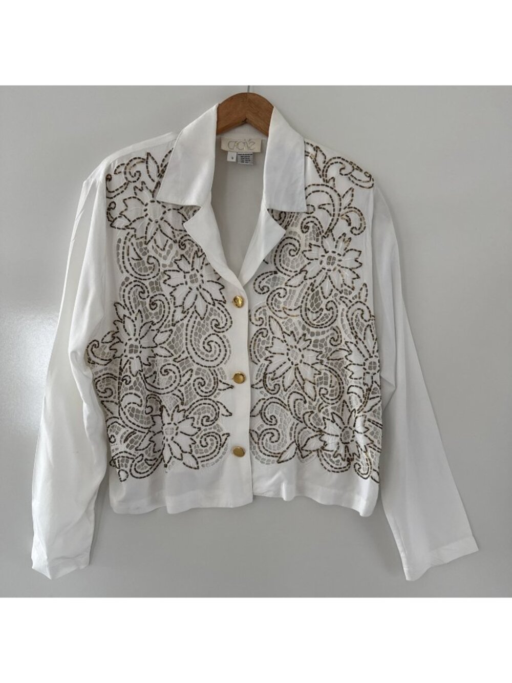Vintage 90s CACHE Beaded Jacket Womens Small Cropped Embellished White Gold